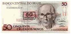 C210 - 50 Cruzeiros (Carimbo sob 50 Cruzados Novos) - Carlos Drummond de Andrade - Data: 1990 - Estado de Conservação: Soberba/Flor (Sob/Fe)