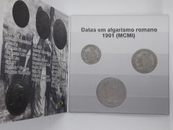 Cartela com 3 Moedas 1901 - 100, 200, 400 Réis MCMI
