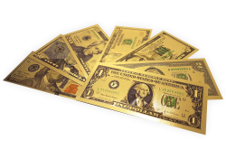 Lote 7 Cédulas Douradas Fantasia Dollar - Para Coleção Ou Decoração 
