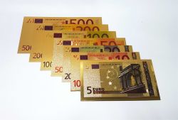 Lote 7 Cédulas Douradas Fantasia Euro - Para Coleção Ou Decoração 