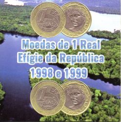 Cartela com 2 Moedas 1 Real - 1998 e 1999 - Moeda Brasil - Mbc