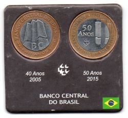 Cartela com 2 Moedas Comemorativas Banco Central - 40 e 50 Anos - Mbc