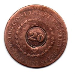 1827R - 40 Réis - C/ Carimbo Geral de 20 - Moeda Brasil Império
