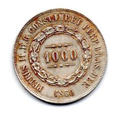 1860 - 1000 Réis - Data Emendada de 1850 - Prata .917 - Aprox 12,75 g - 30 mm - Moeda Brasil Império