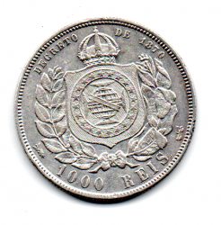 1876 - 1000 Réis - Prata .917 - Aprox 12,75 g - 30 mm  - Moeda Brasil Império