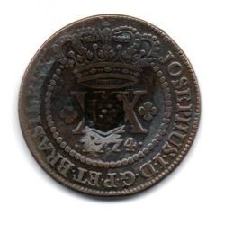 1774 - XX Réis - Coroa Alta - C/ Carimbo de Escudete - Moeda Brasil Colônia