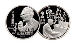 2003 - 2 Reais - Comemorativa Centenário Ary Barroso - No encarte Oficial - Moeda Brasil - Prata .925 - Aprox. 27g - 40mm
