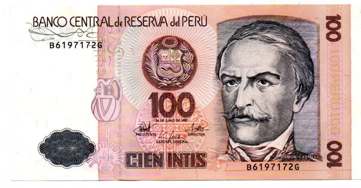 Peru - 100 Intis - Cédula Estrangeira - FE Imagem 1