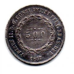 1857 - 500 Réis - Prata .917 - Aprox 6,37 g - 25,5 mm - Moeda Brasil Império