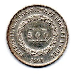 1864 - 500 Réis - Prata .917 - Aprox 6,37 g - 25,5 mm - Moeda Brasil Império