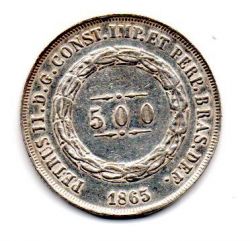 1865 - 500 Réis - Prata .917 - Aprox 6,37 g - 25,5 mm - Moeda Brasil Império - C/ Solda