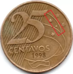 1998 - 25 Centavos - ERRO: Duplicação + Efeito de Cunhagem - Moeda Brasil